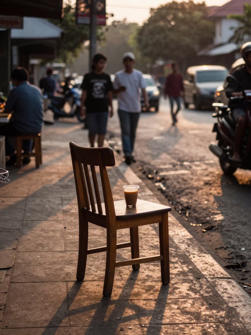 Golden Hour Street Scene in Yogyakarta Indonesia with Wooden Chair and Coffee Tasting in in Yogyakarta, Indonesia