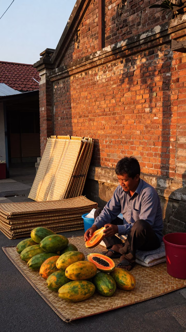 Golden Hour Street Scene in Yogyakarta Indonesia with Woven Mats and Papayas in in Yogyakarta, Indonesia