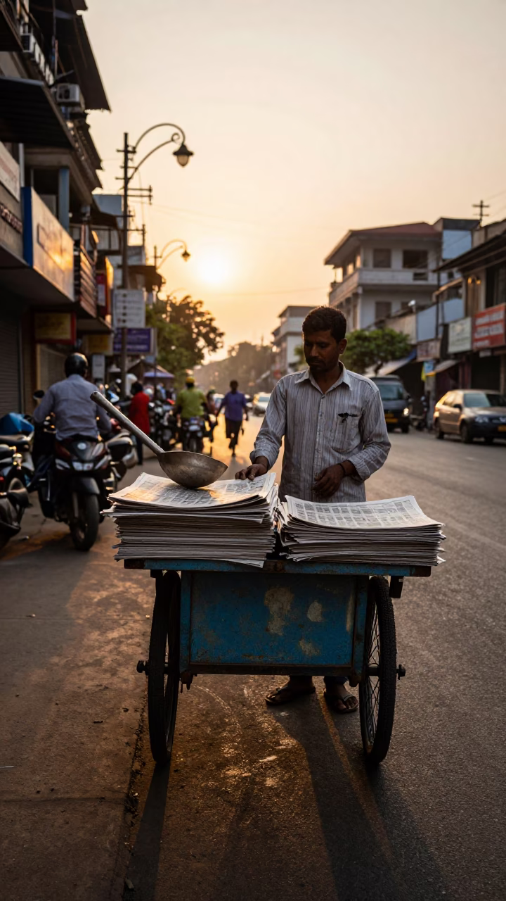 Golden hour street scene Kolkata India with newspaper stack and ladle in in Kolkata, India