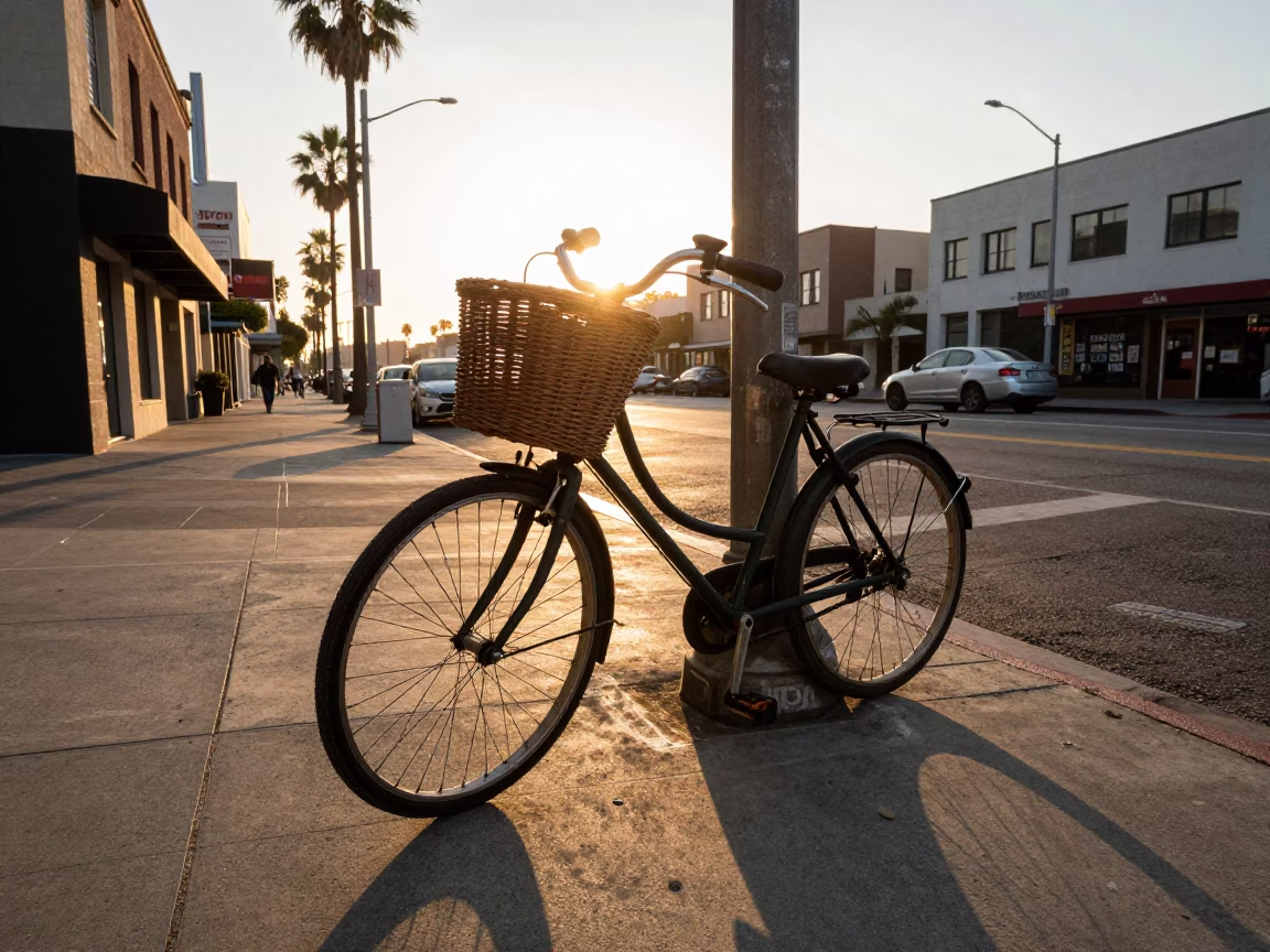 Golden Hour Street Scene Los Angeles California with Vintage Bicycle Basket and Urban Life in in Los Angeles, California, United States