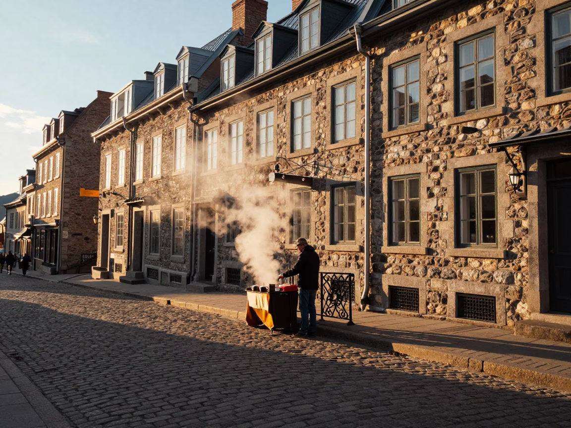 Golden hour street scene Quebec City with vendor and steam in in Quebec City, Quebec, Canada