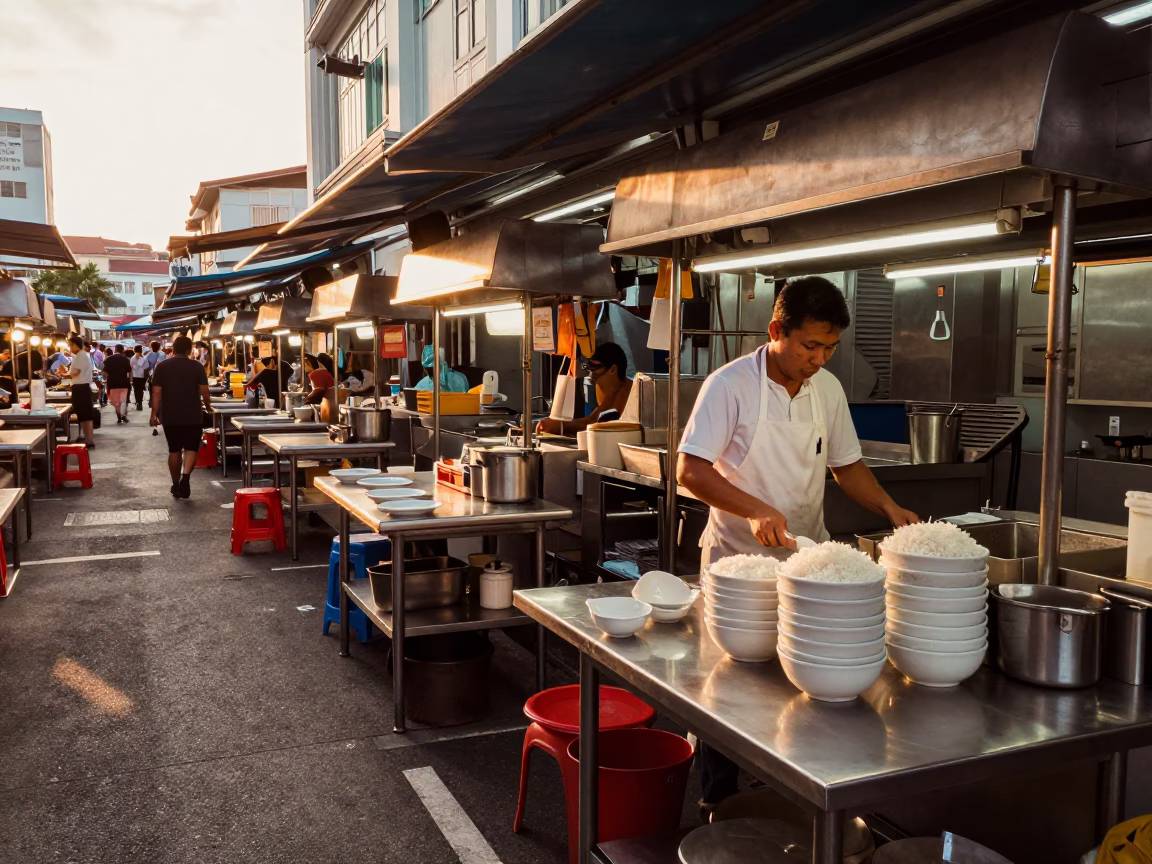 Golden Hour Street Scene Singapore Hawker Centre Vendor Prep in in Singapore, Singapore