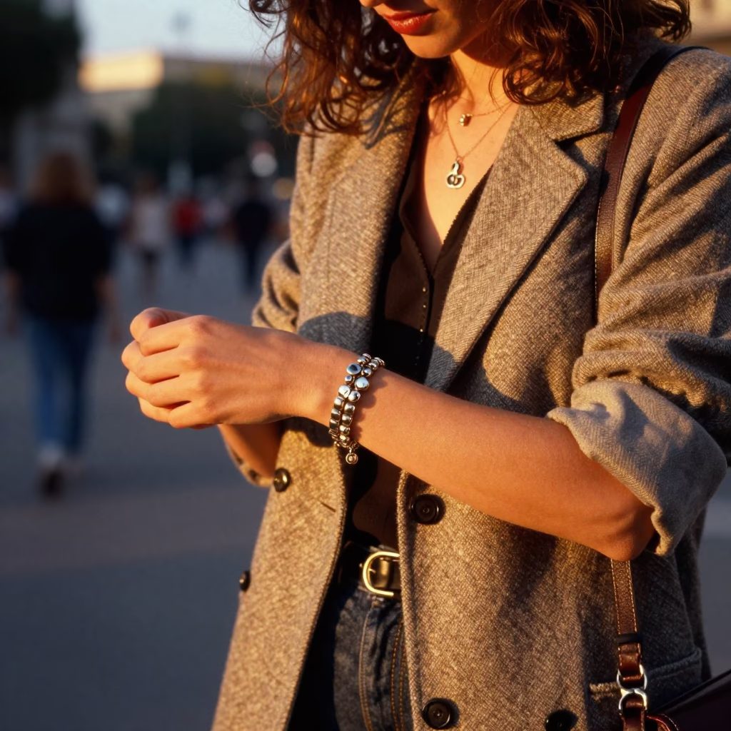 Golden Hour Street Style in Barcelona with Vintage Charm Bracelet and Steel Architecture in in Barcelona, Spain