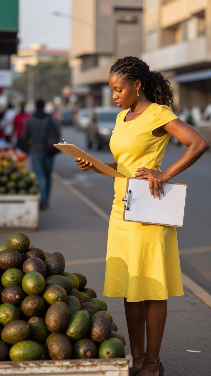 Golden Hour Street Style in Johannesburg South Africa with Avocados and Clipboard in in Johannesburg, South Africa