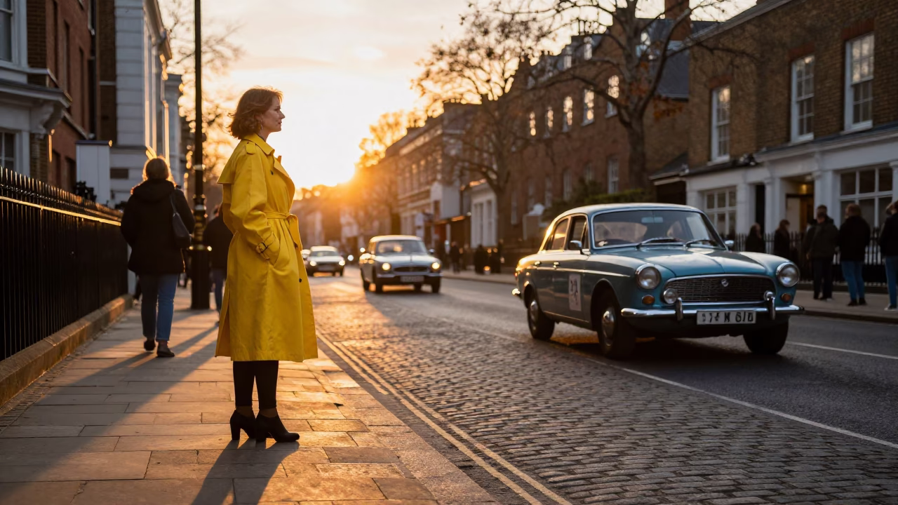 Golden Hour Street Style in London with Vintage Car Rally and Thermos in in London, United Kingdom