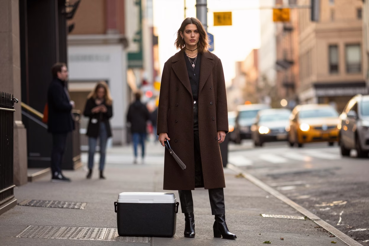 Golden Hour Street Style in New York City with Tailor Shears and Cooler Jug in in New York, New York, United States