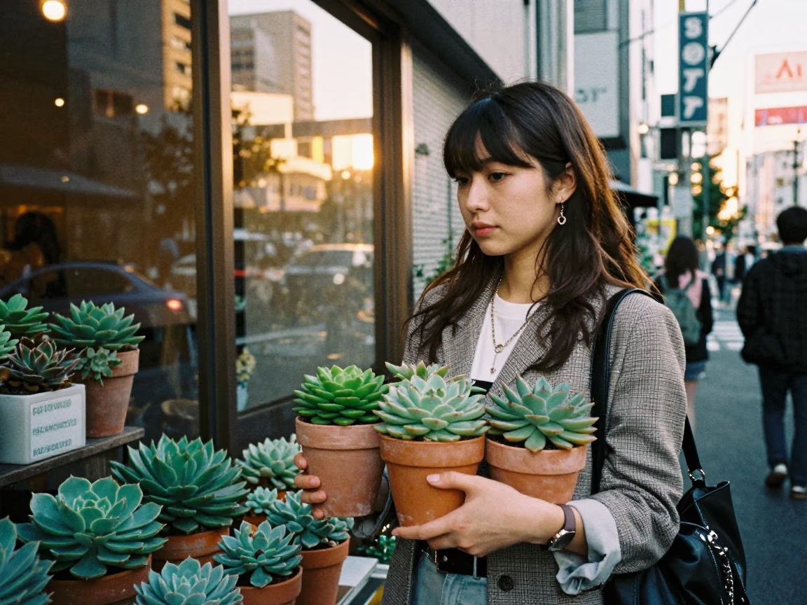 Golden Hour Street Style in Tokyo Japan with Succulents and Urban Details in in Tokyo, Japan
