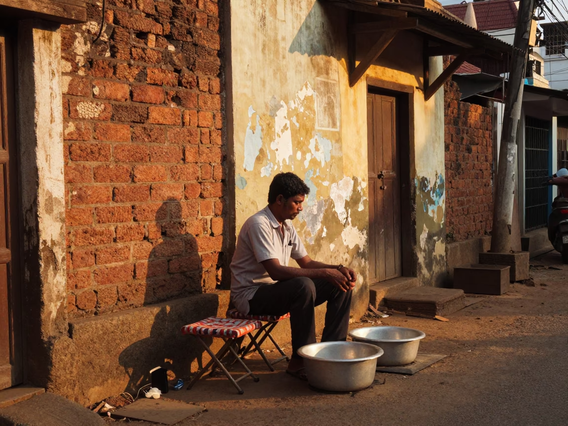 Golden Hour Street Vendor in Kochi with Folding Stools and Wash Basin in in Kochi, India
