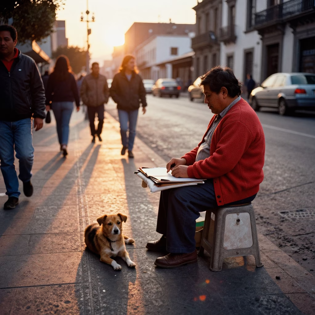 Golden Hour Street Vendor in Mexico City with Small Dog and Cardigans in in Mexico City, Mexico