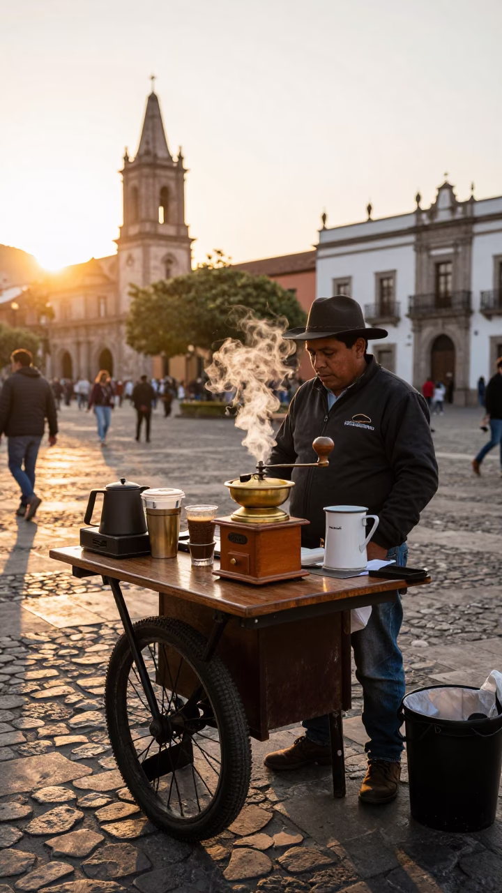 Golden Hour Street Vendor Selling Coffee in Guadalajara Mexico Plaza in in Guadalajara, Mexico