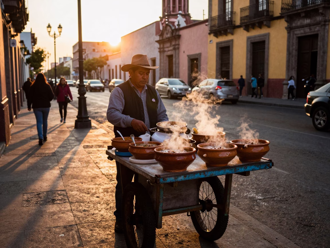 Golden Hour Street Vendor Selling Pozole and Terracotta Bowls in Mexico City in in Mexico City, Mexico