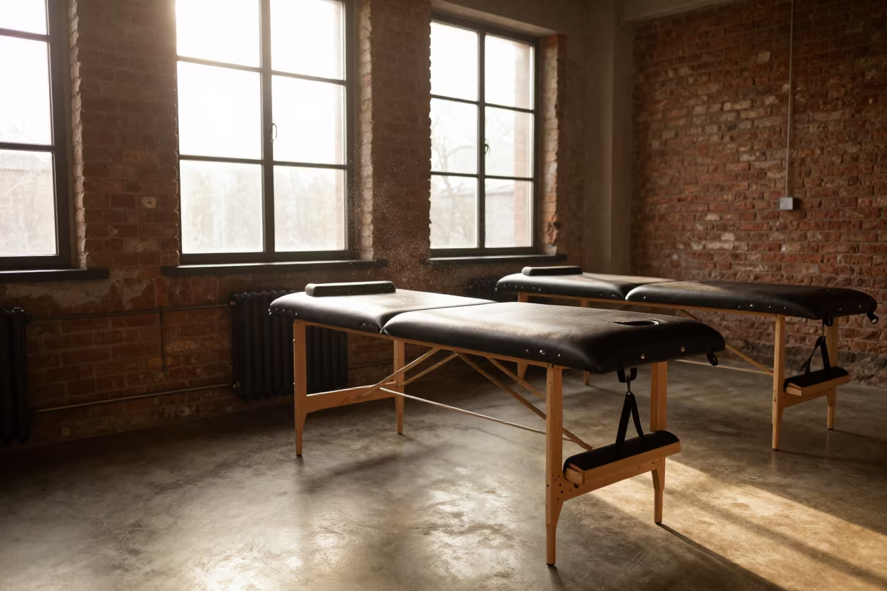 Golden Hour Stretch Strap in Prato Recovery Lounge in inside a recovery lounge beside foam rollers in Prato