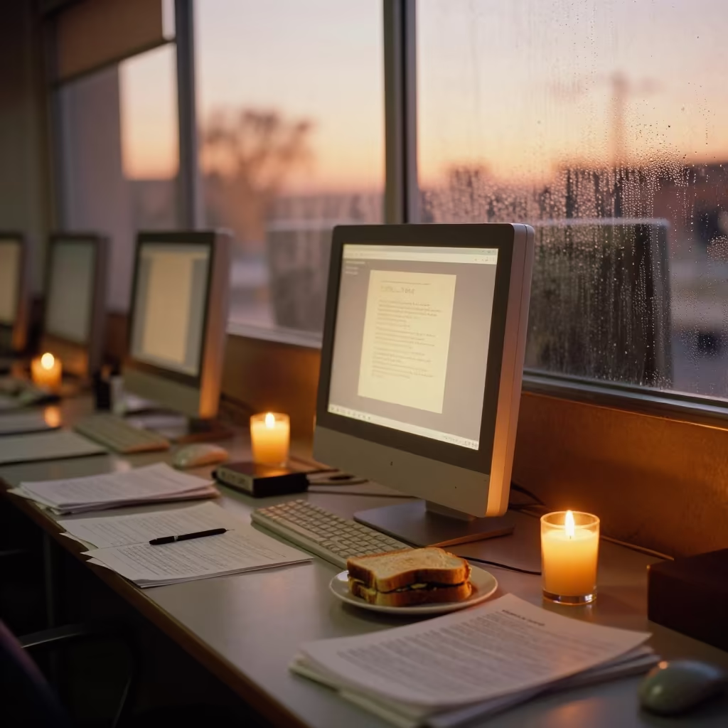 Golden Hour Study Session in Ensenada Lab in at a seminar table covered in notes in Ensenada