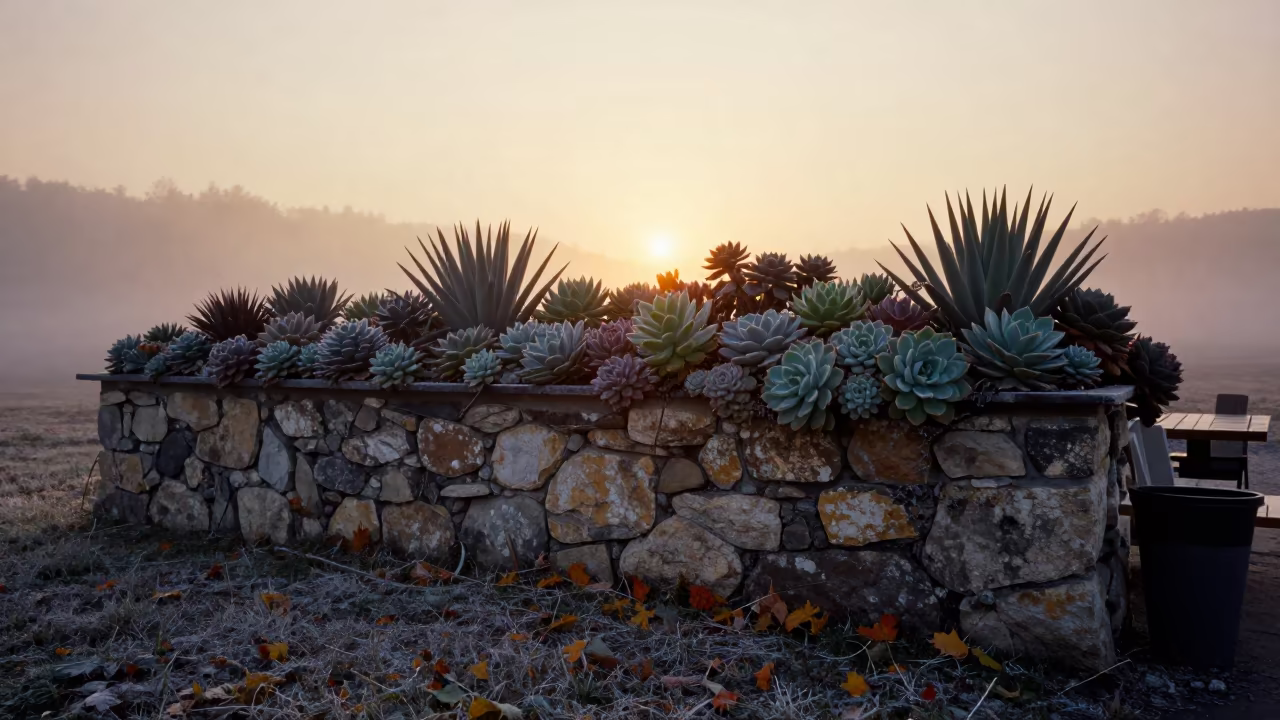 Golden Hour Succulent Wall in Transylvanian Mist in in Transylvania