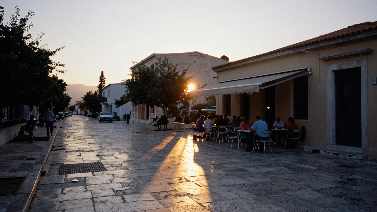 Golden Hour Sun Stripe Across Ancient Athenian Street with Local Café Culture in in Athens, Greece
