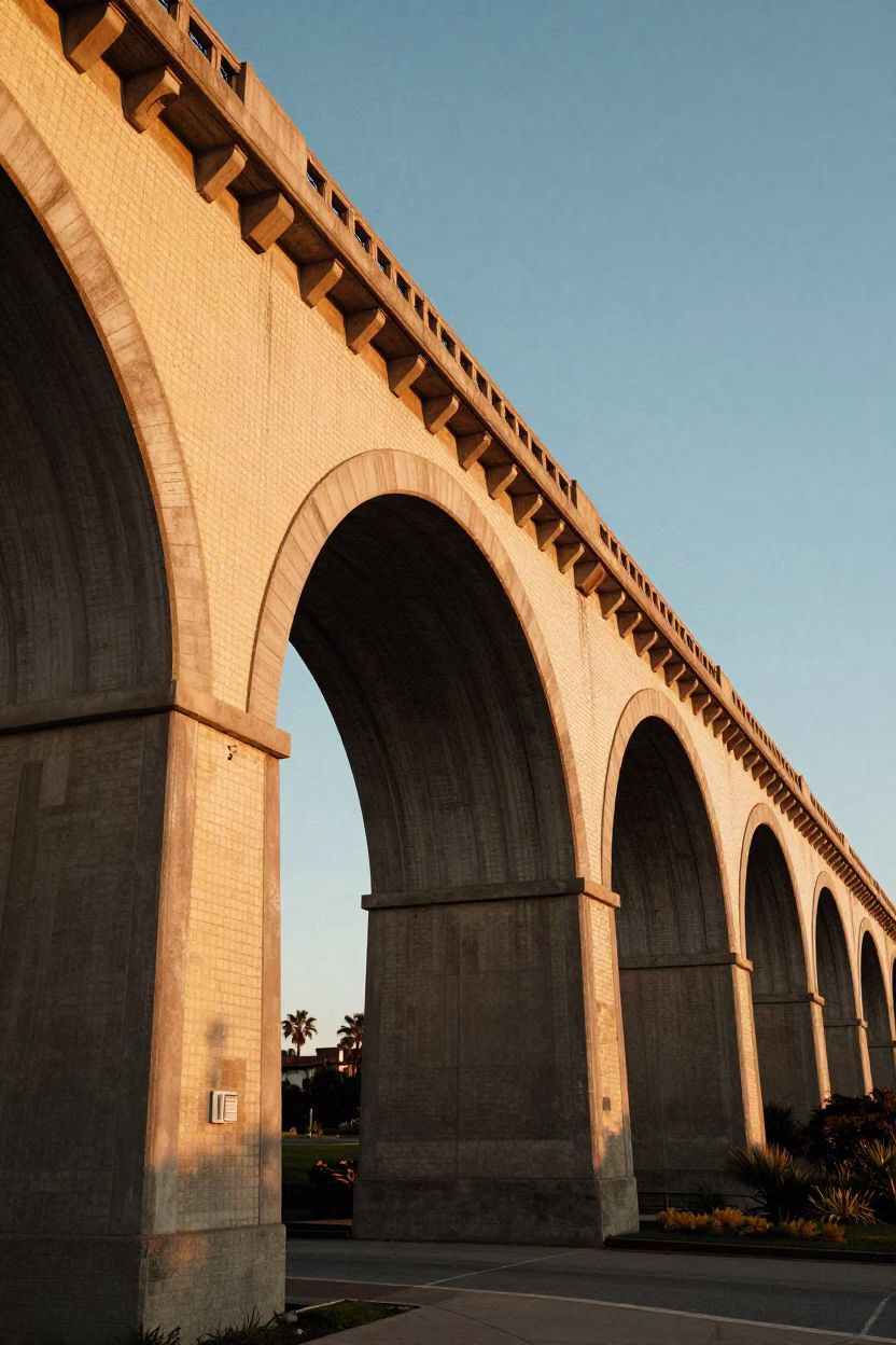 Golden Hour Sun Stripe Across Tile on San Diego Railway Viaduct Arch in in San Diego, California, United States