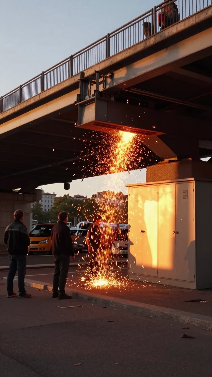 Golden Hour Sunlight and Construction Sparks Beneath Lyon Bridge in in Lyon, France
