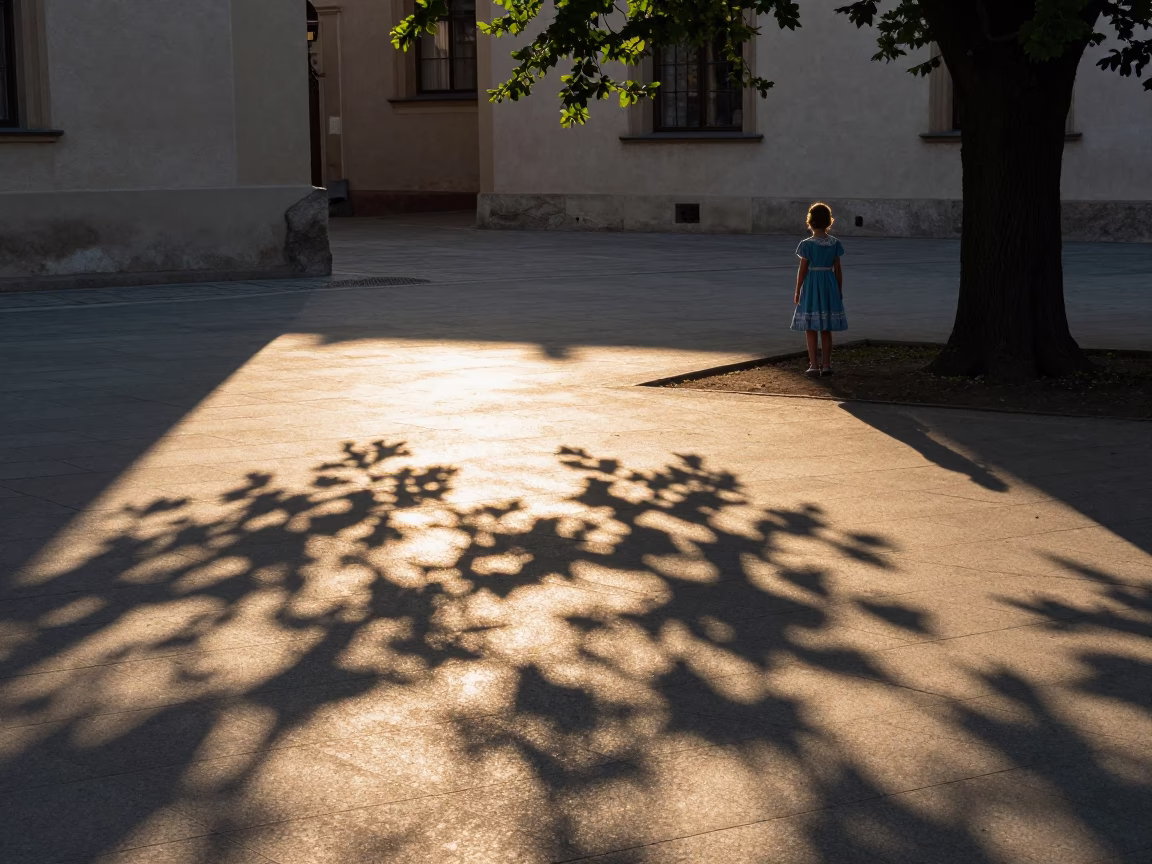 Golden Hour Sunlight Casts Leaf Shadows on Tiled Floor in Krakow Poland in in Krakow, Poland