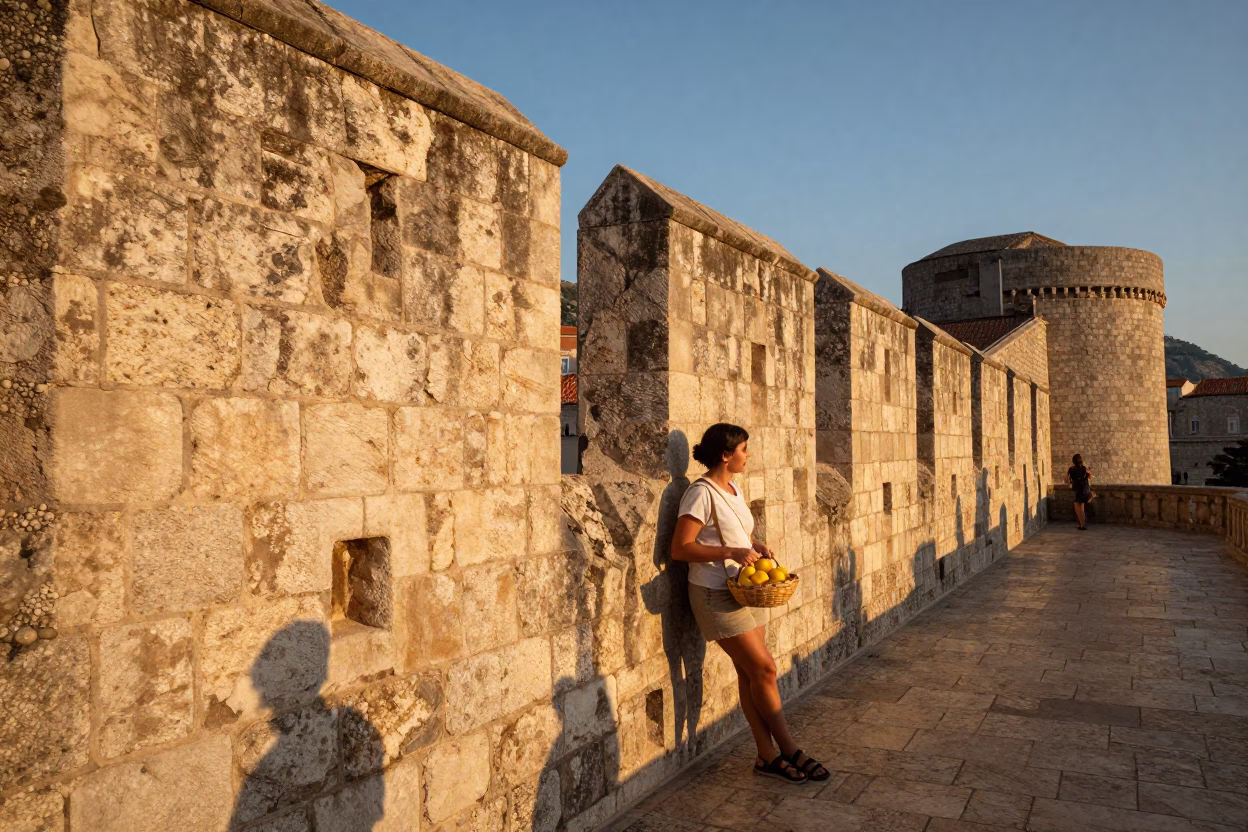 Golden hour sunlight illuminates historic Dubrovnik stone walls with lemons and lace fringe detail in in Dubrovnik, Croatia