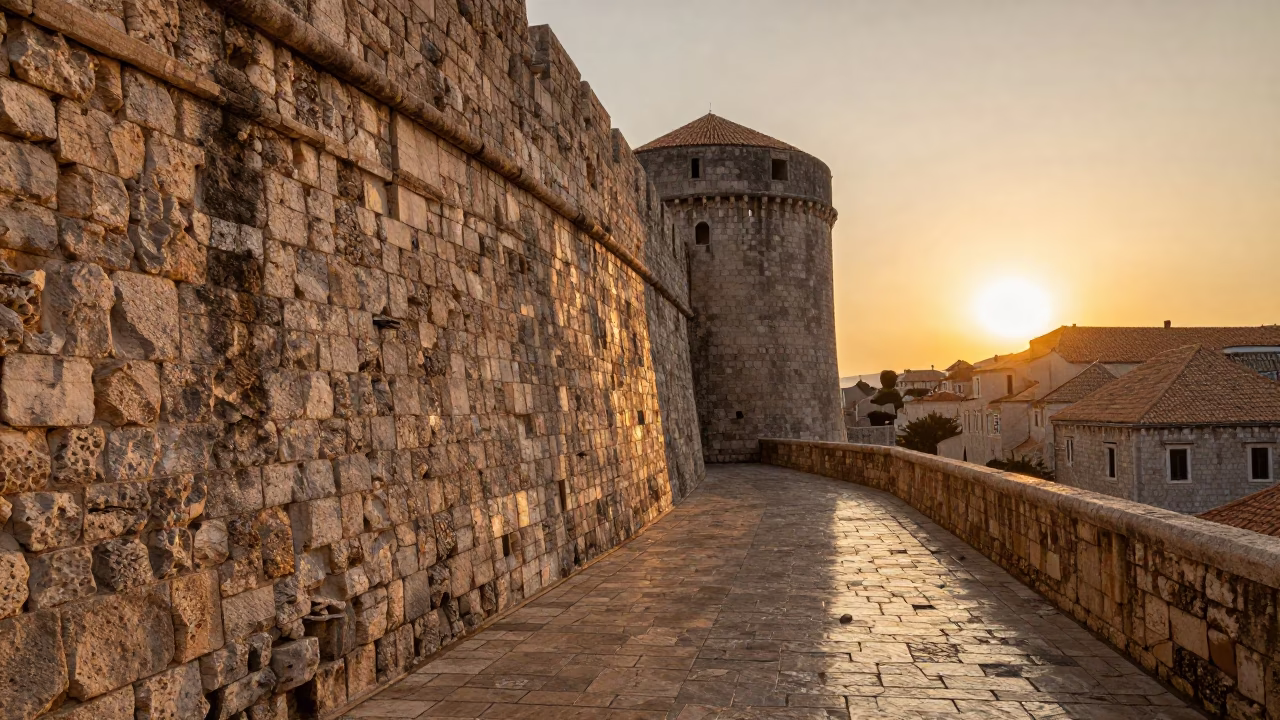 Golden Hour Sunlight on Ancient Dubrovnik Stone Walls and Local Street Life in in Dubrovnik, Croatia