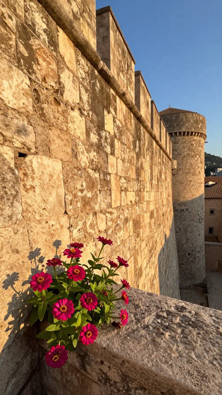 Golden Hour Sunlight on Ancient Stone Walls with Zinnias in Dubrovnik Croatia in in Dubrovnik, Croatia