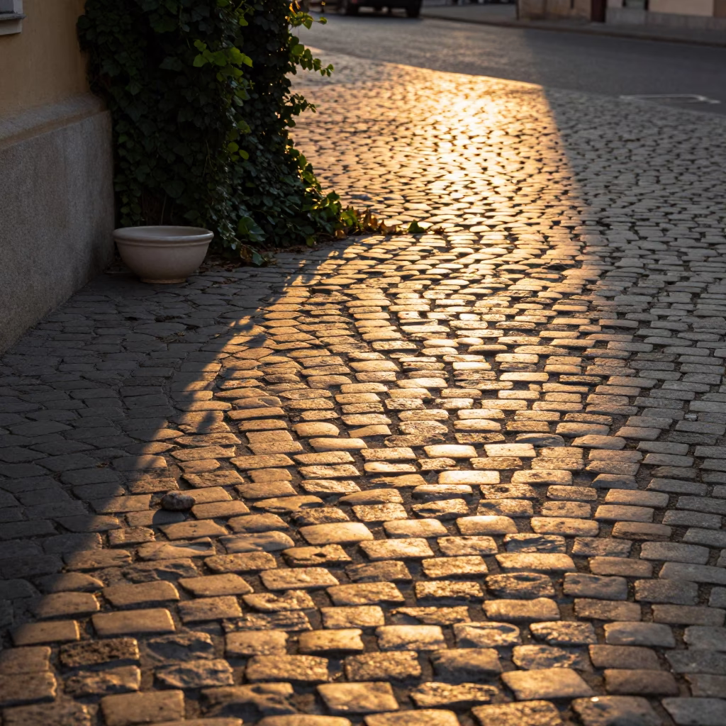 Golden Hour Sunlight on Budapest Cobblestones with Ivy and Ceramic Bowl in in Budapest, Hungary