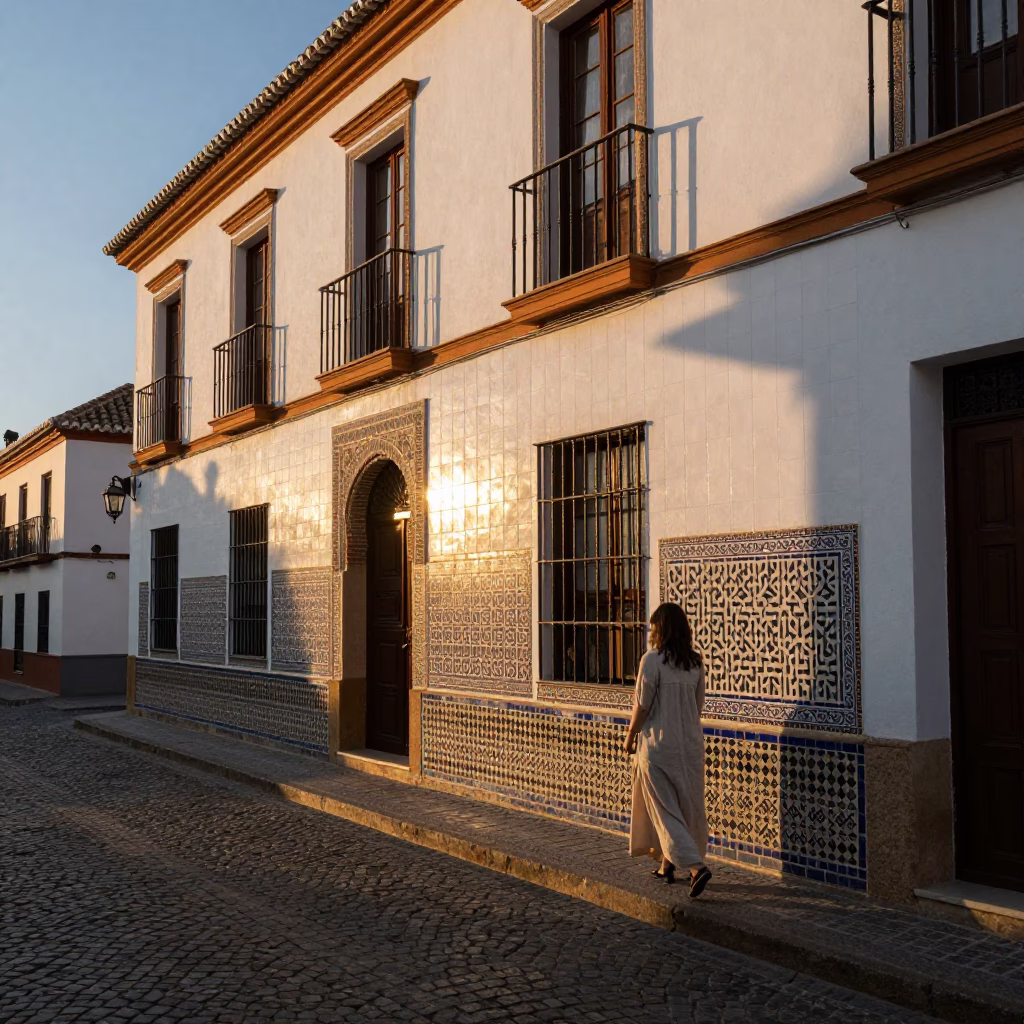 Golden Hour Sunlight on White Tile Facade in Granada Spain Street Scene in in Granada, Spain