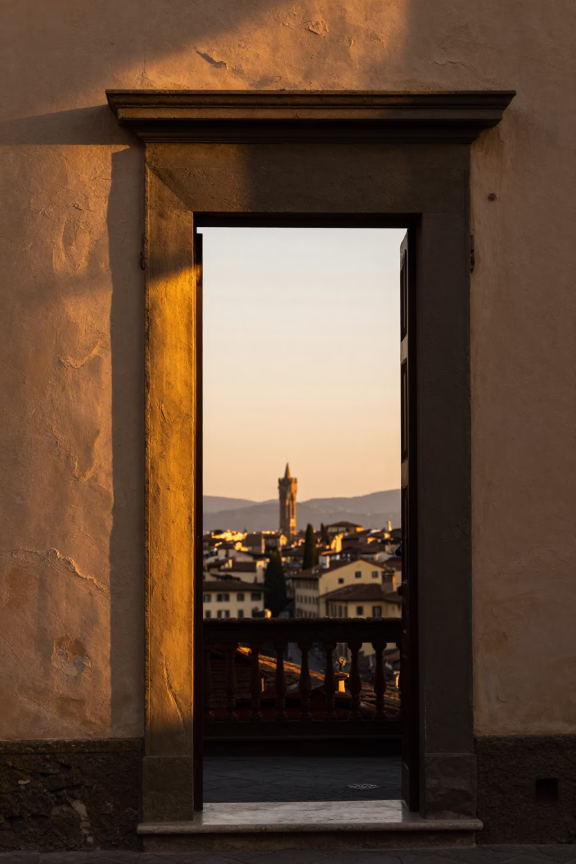 Golden Hour Sunlight Striking a Doorframe in Historic Florence Italy Street Scene in in Florence, Italy