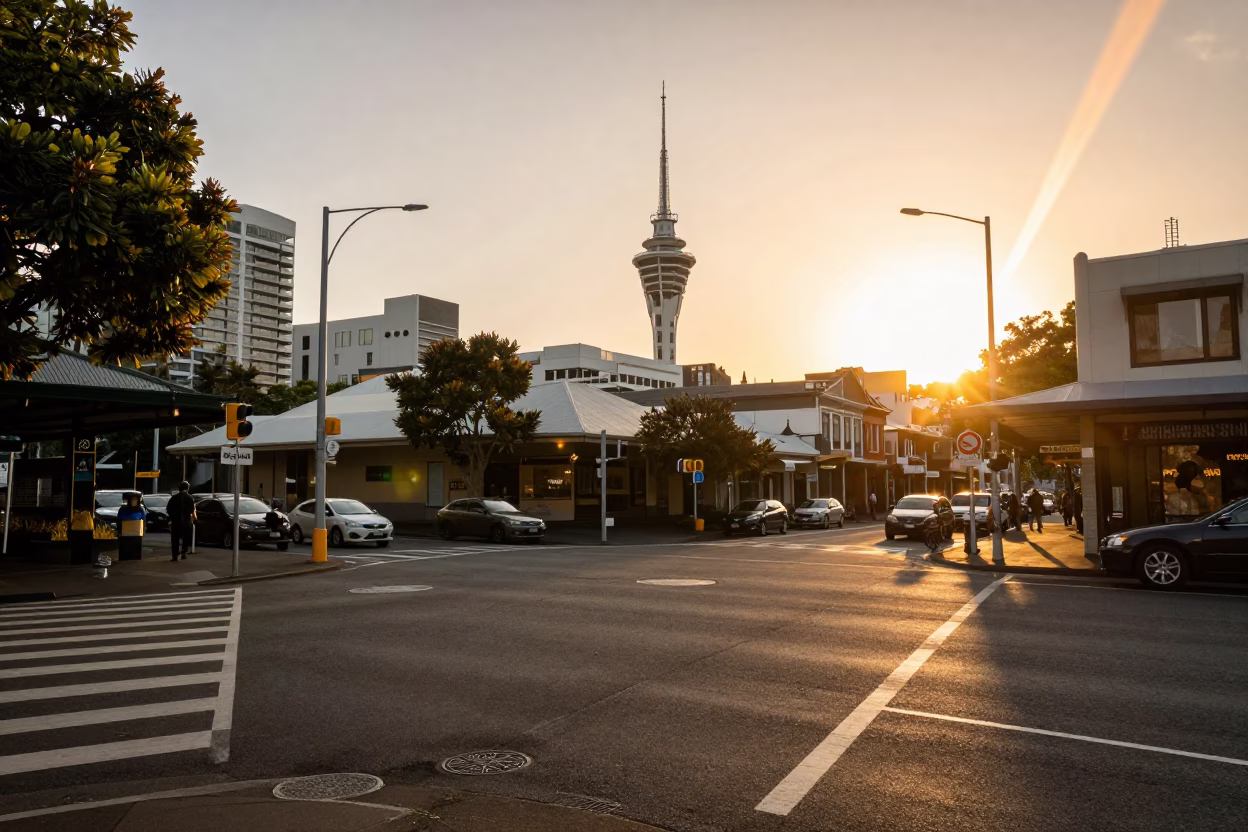 Golden Hour Sunlight Striking Auckland Street Scene with Vintage Elements in in Auckland, New Zealand