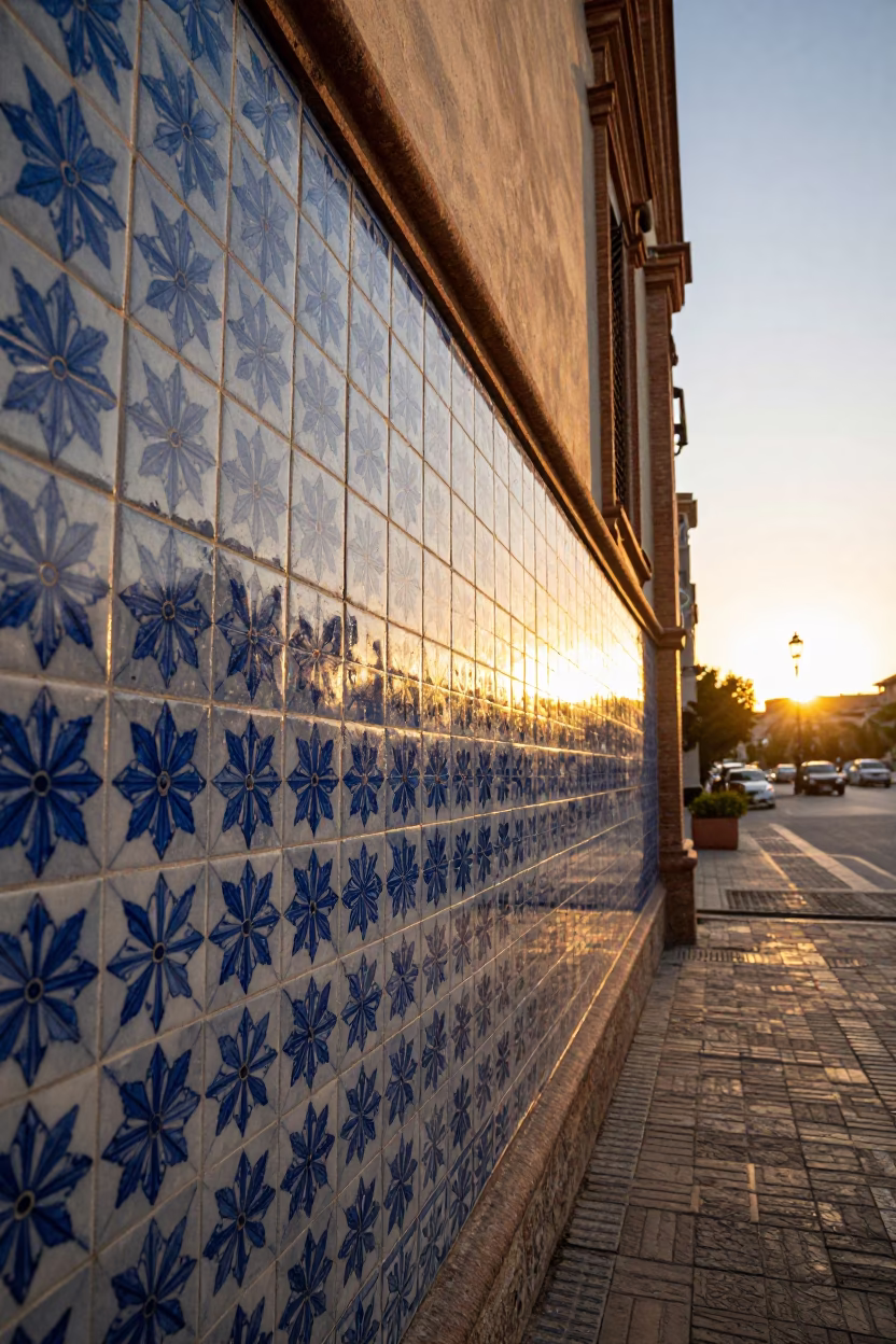 Golden Hour Sunlight Striking Blue Azulejo Tiles in Seville Spain in in Seville, Spain