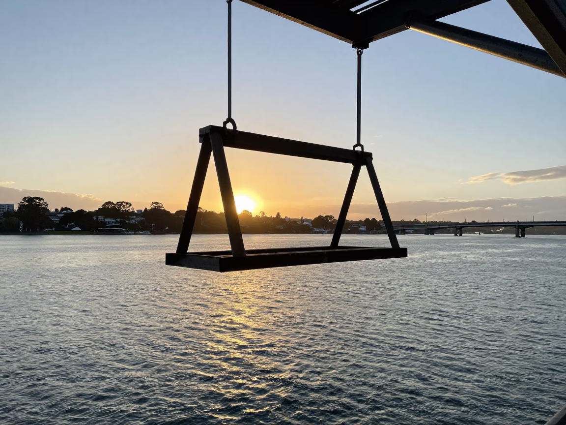 Golden Hour Sunlight Striking Bridge Maintenance Cradle Over Auckland River Water in in Auckland, New Zealand