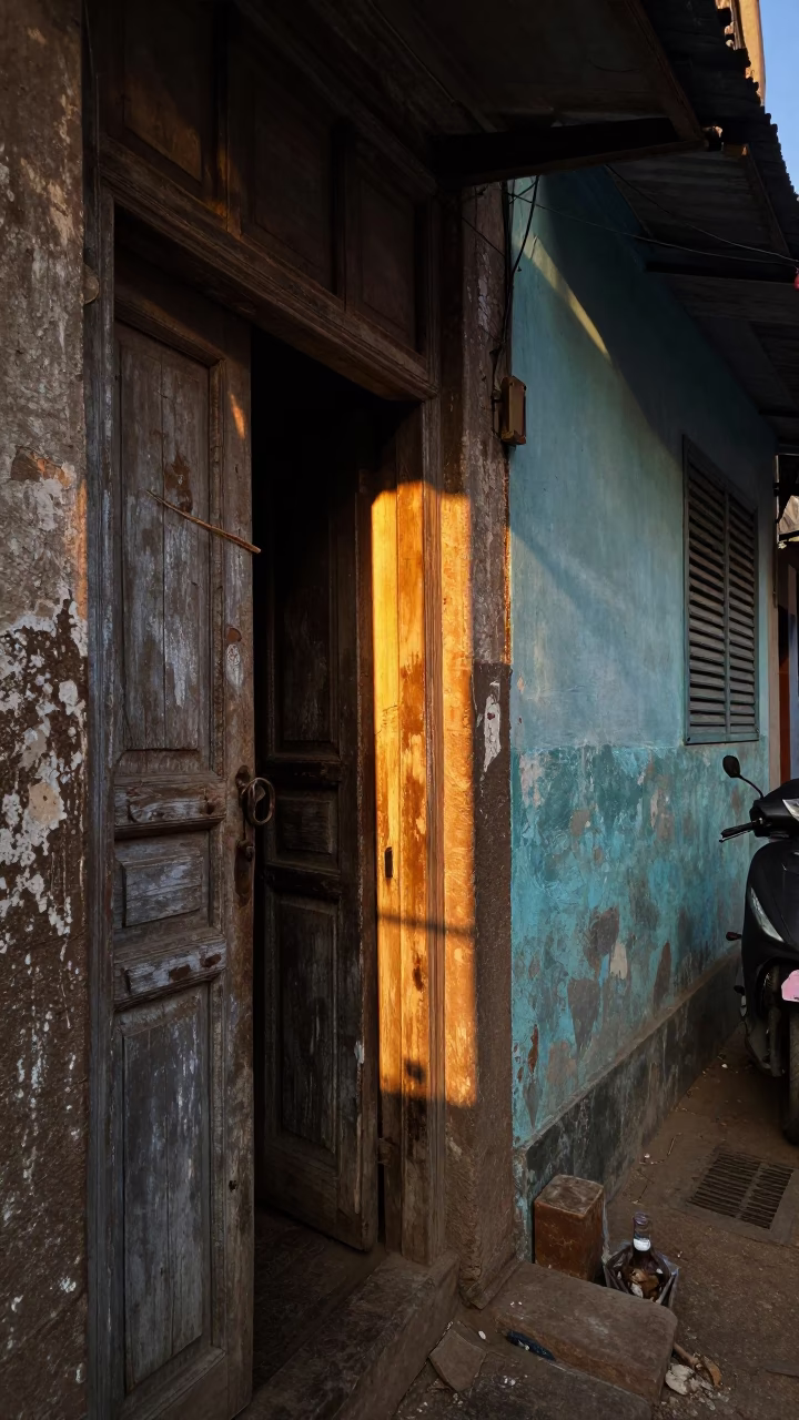 Golden Hour Sunlight Striking Hyderabad Doorframe Amidst Lived-In Local Street Scene in in Hyderabad, India