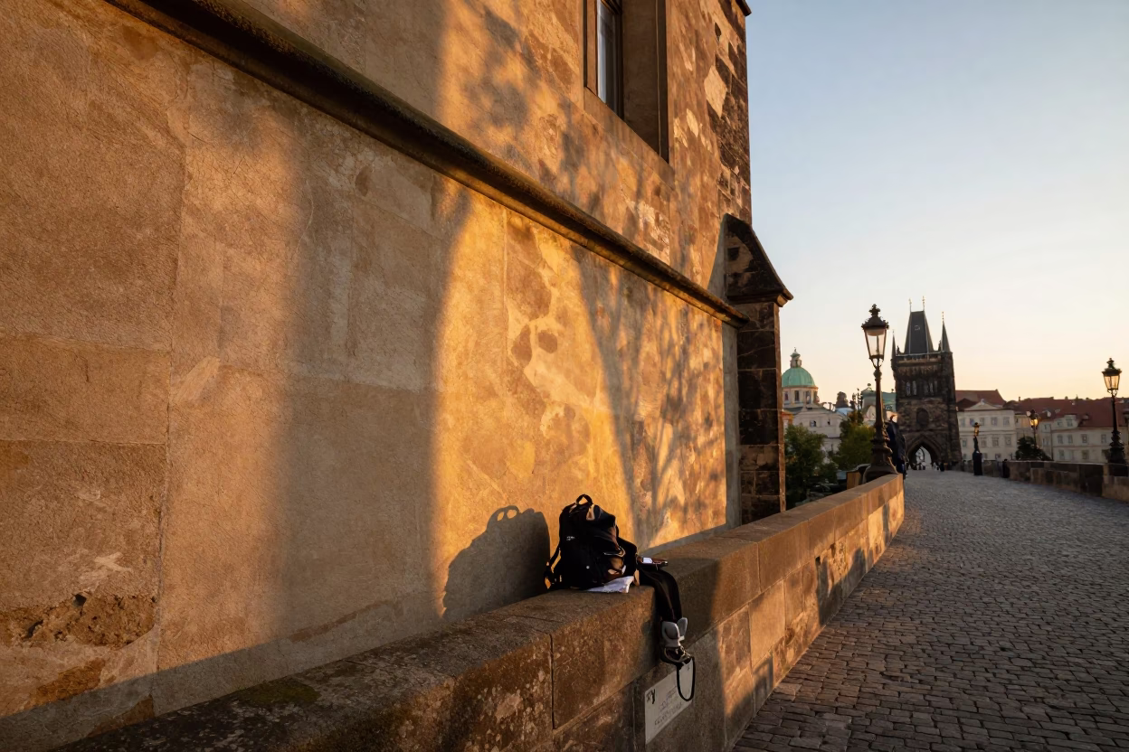 Golden Hour Sunlight Striking Prague Wall Near Charles Bridge During Sunset in in Prague, Czech Republic