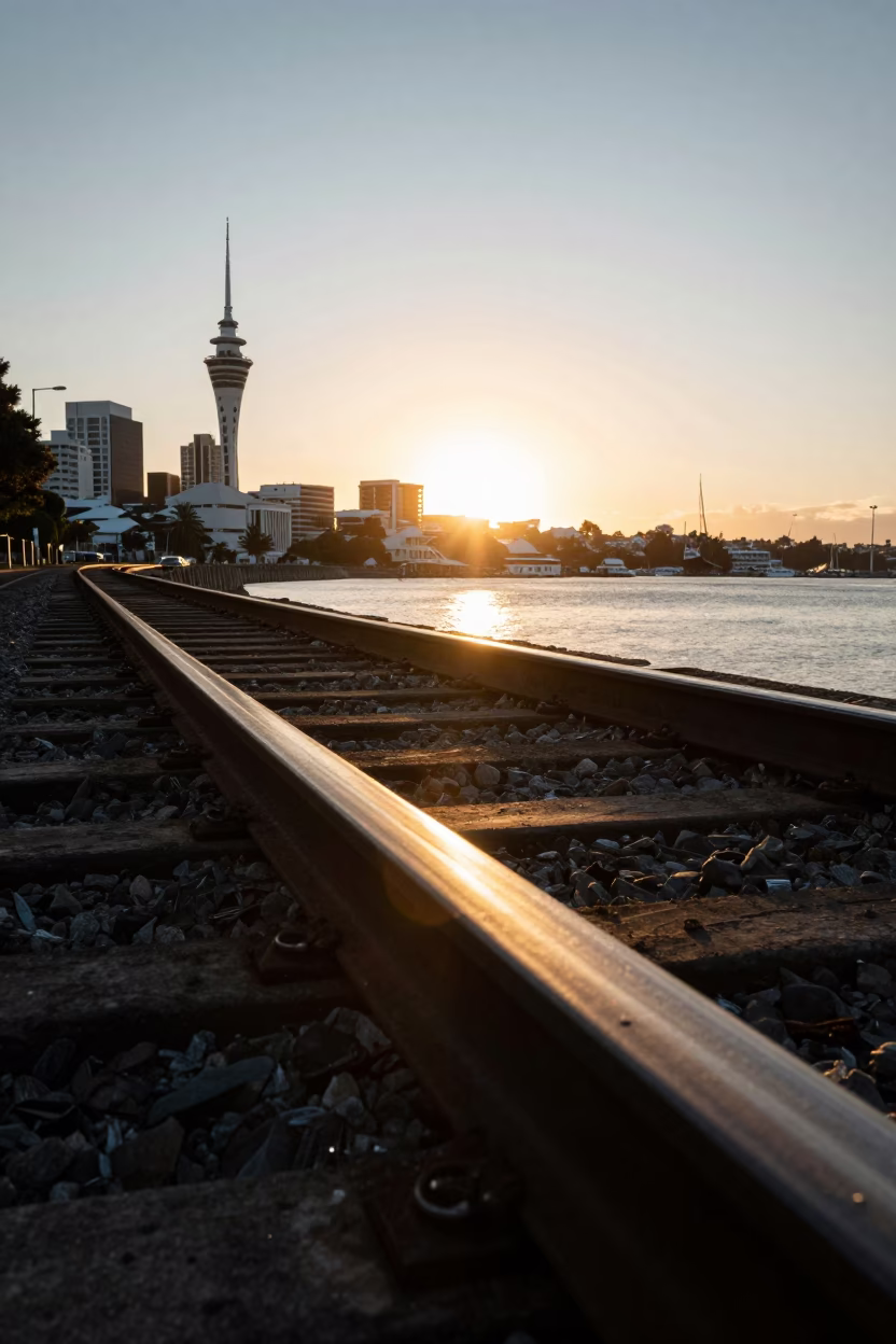 Golden Hour Sunlight Striking Rail and Harbor View in Auckland New Zealand in in Auckland, New Zealand