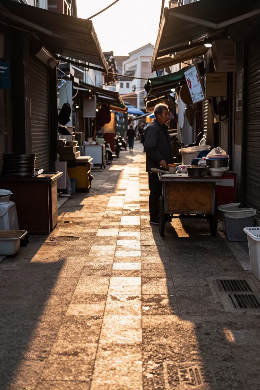 Golden Hour Sunlight Striking Seoul Street Tiles Near Traditional Market Stall in in Seoul, South Korea