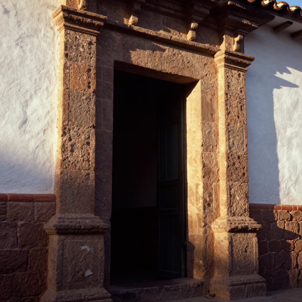 Golden Hour Sunlight Striking Stone Doorframe in Historic Cusco Peru in in Cusco, Peru