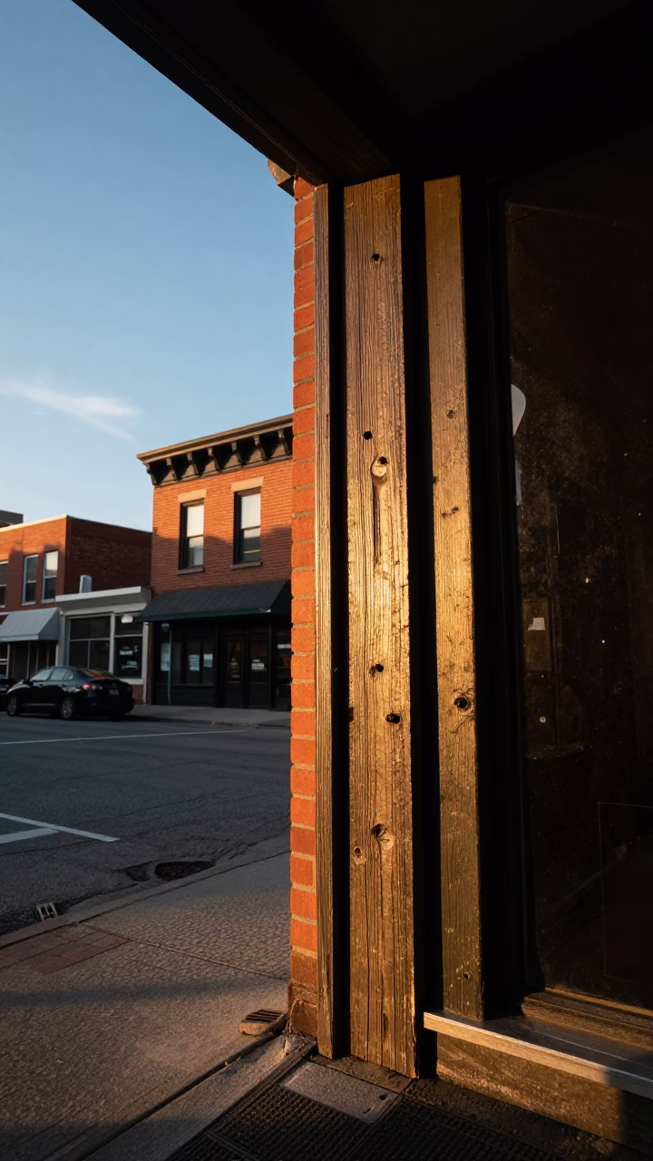 Golden Hour Sunlight Striking Vintage Toronto Doorframe and Urban Street Scene in in Toronto, Ontario, Canada