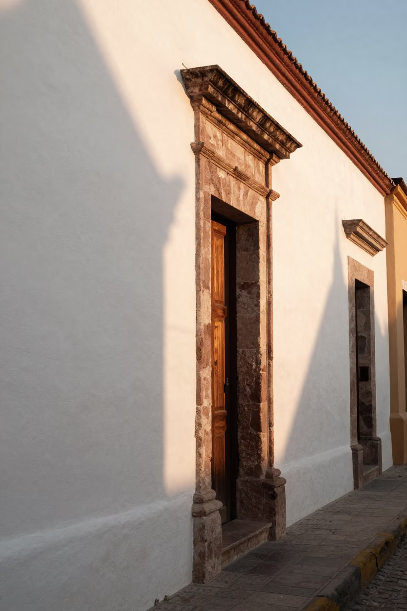 Golden Hour Sunlight Striking White Plaster Walls in Historic Merida Mexico in in Merida, Mexico