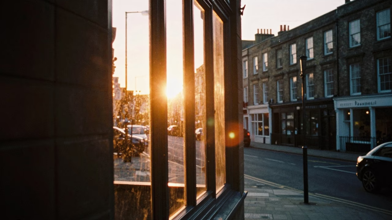 Golden Hour Sunlight Striking Window Glass in Bristol United Kingdom Street Scene in in Bristol, United Kingdom