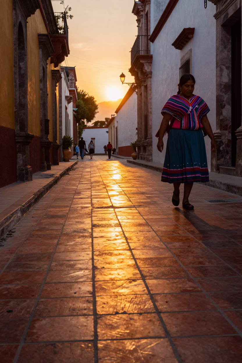 Golden Hour Sunlight Stripes Across Tile Floor in Oaxaca Mexico Street Scene in in Oaxaca, Mexico