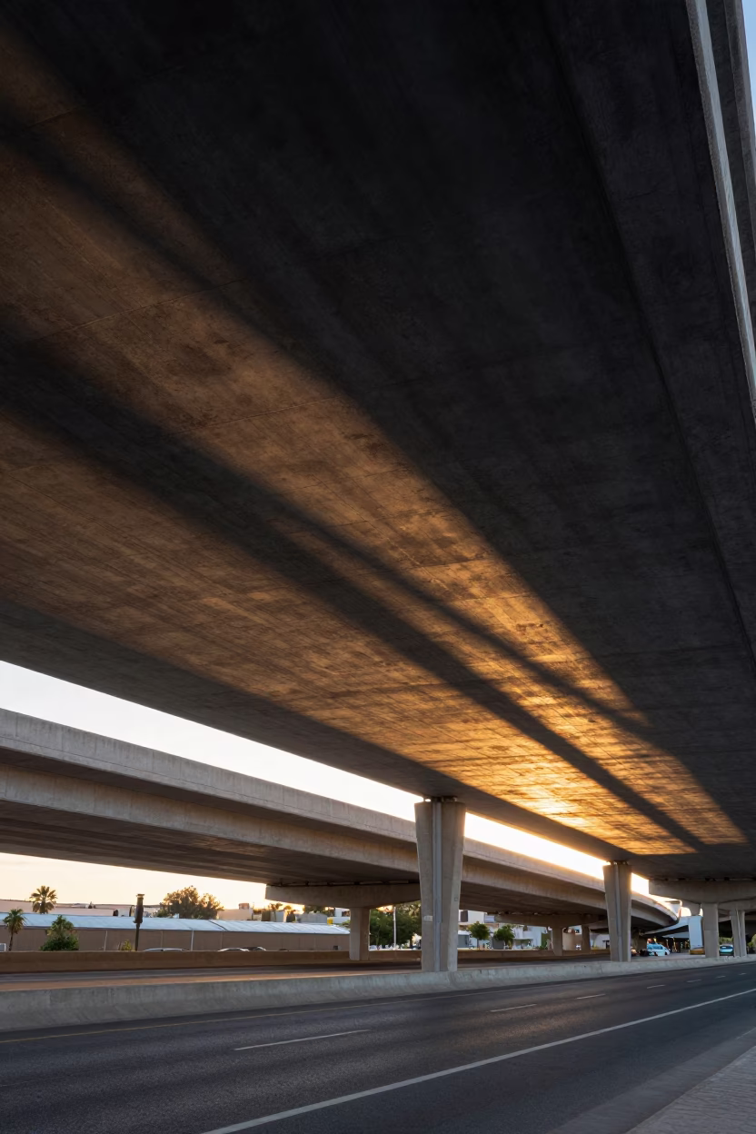 Golden Hour Sunlight Stripes on Valencia Highway Overpass Underside in in Valencia, Spain