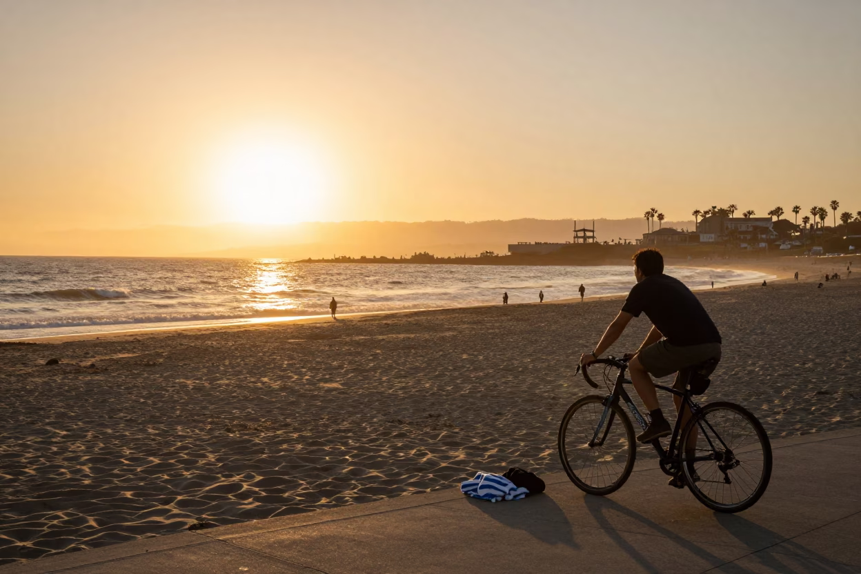 Golden Hour Sunset at San Diego Beach with Cyclist and Towels in in San Diego, California, United States