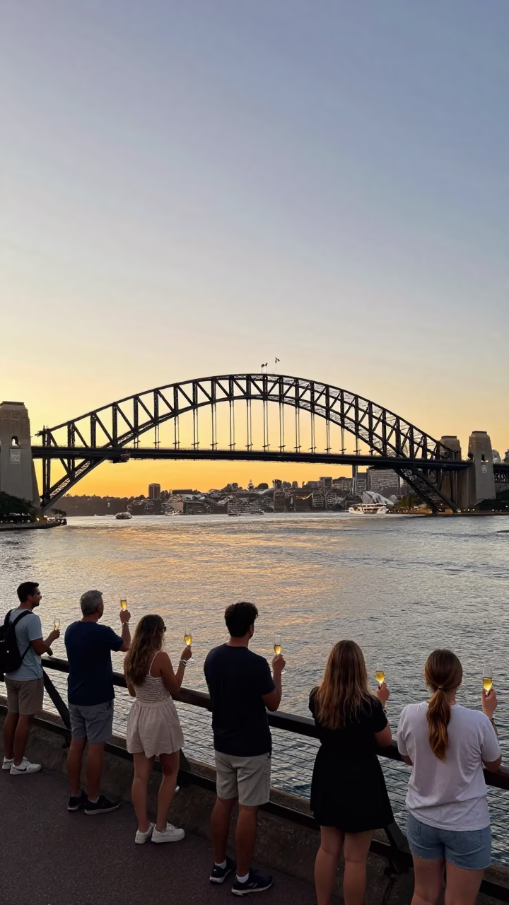 Golden Hour Sunset at Sydney Harbour Bridge with Tourists Holding Champagne and Blankets in in Sydney, New South Wales, Australia