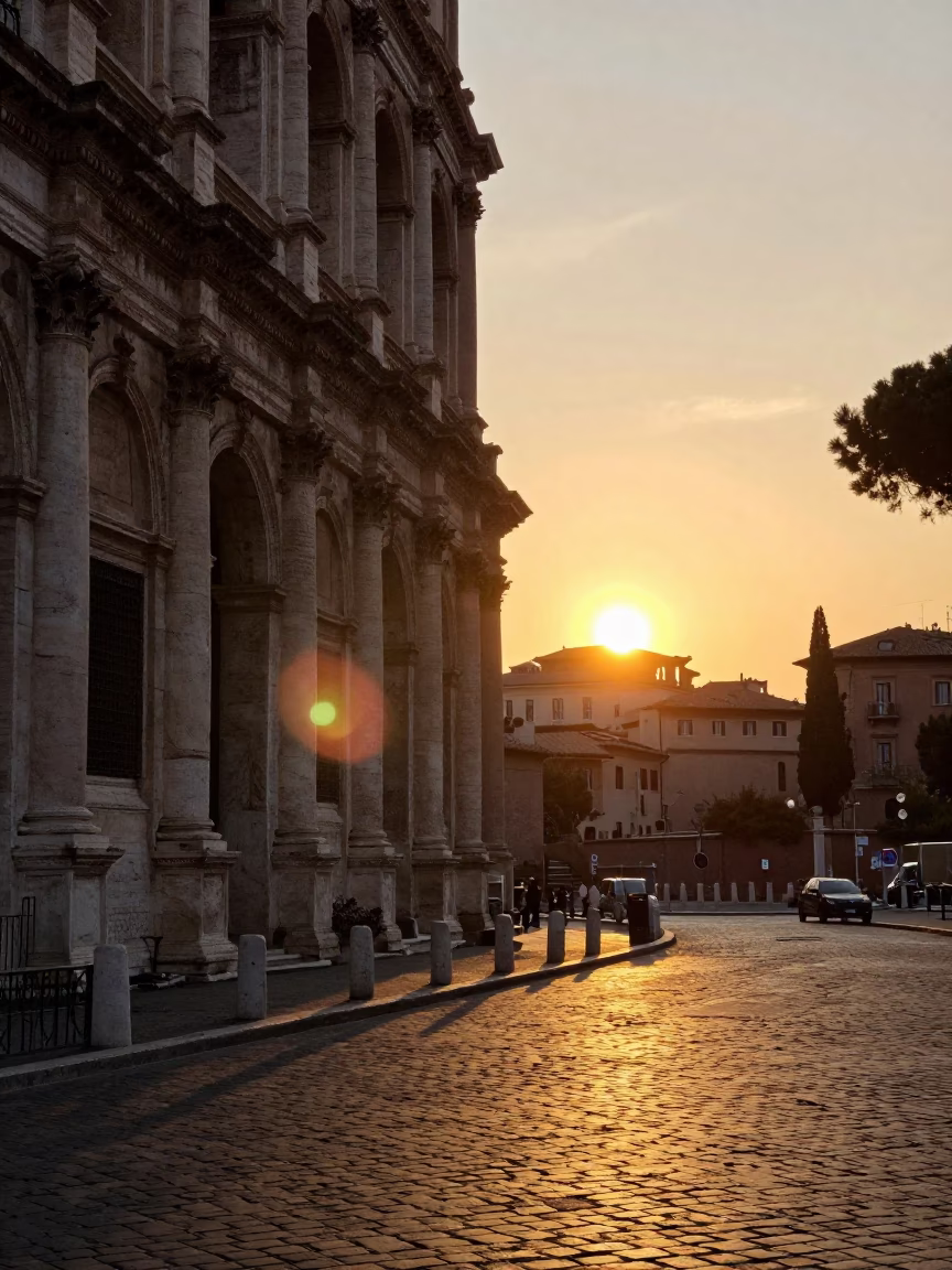 Golden Hour Sunset Glow on Ancient Roman Stone Architecture and Cobblestone Streets in in Rome, Italy