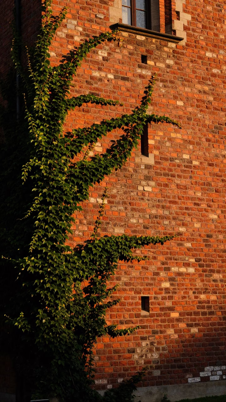 Golden Hour Sunset Glow on Historic Brick Facade with Climbing Ivy in Krakow Poland in in Krakow, Poland