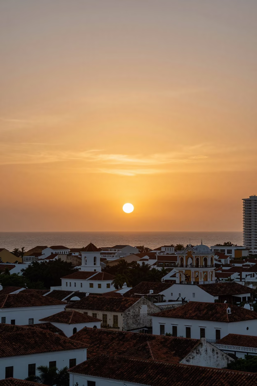 Golden Hour Sunset Horizon View Over Colonial Cartagena Colombia Skyline in in Cartagena, Colombia
