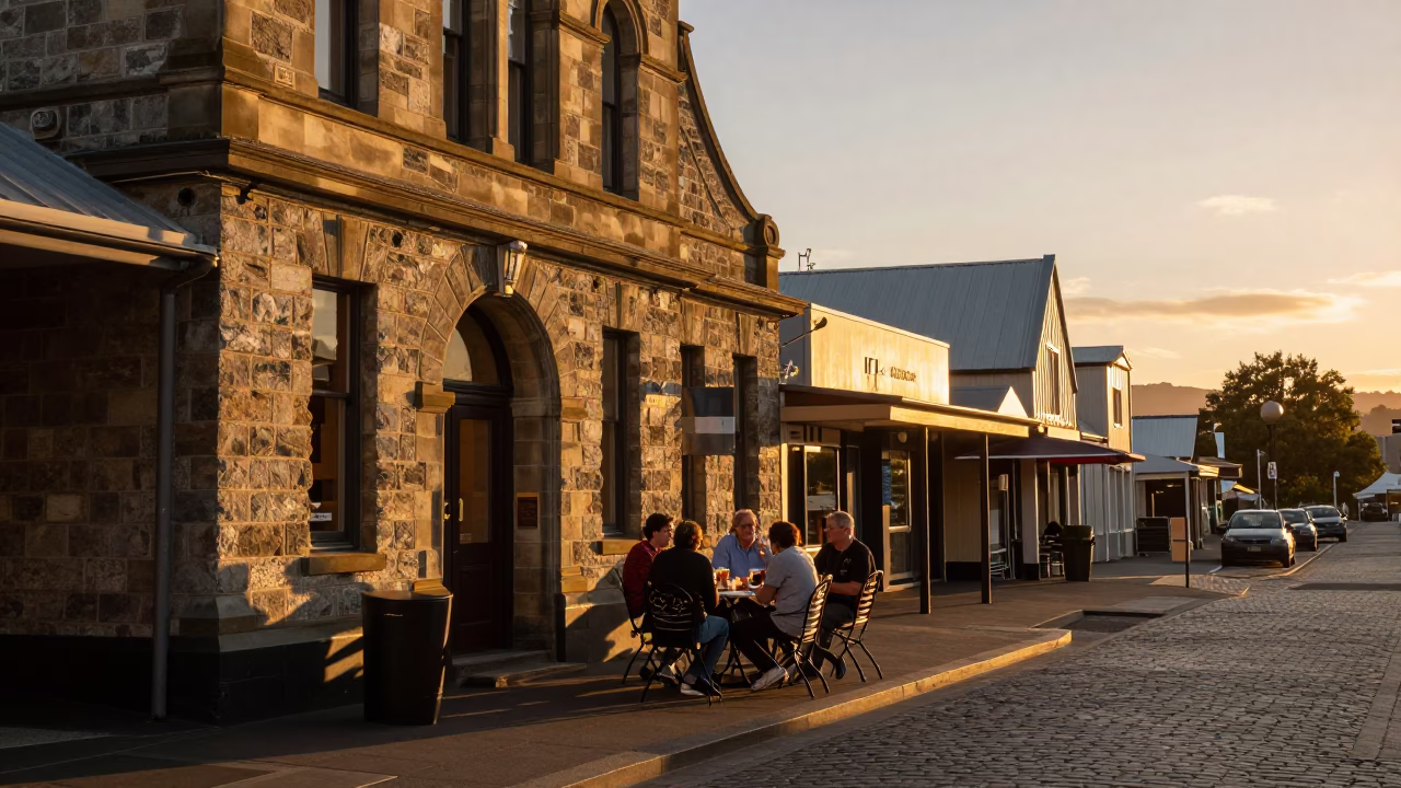 Golden Hour Sunset in Christchurch New Zealand Street Scene with Local Diners in in Christchurch, New Zealand