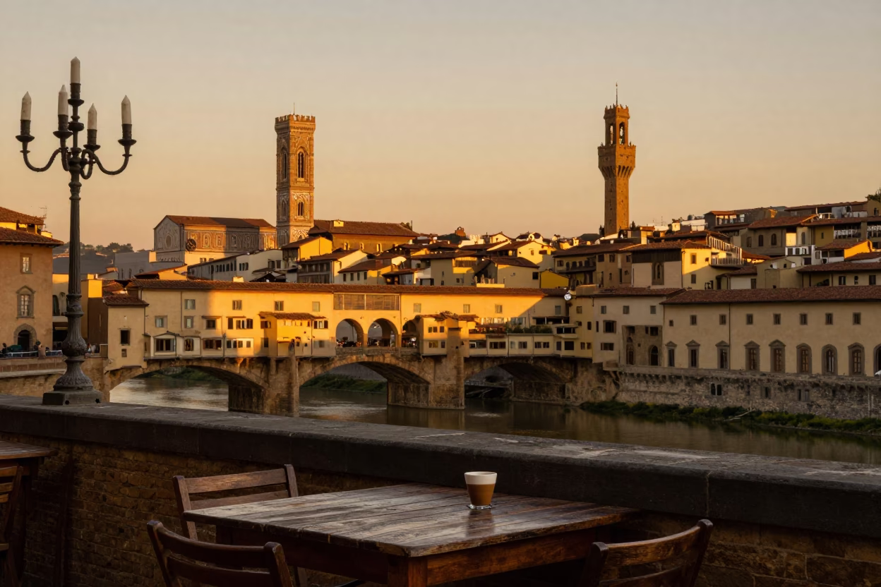 Golden Hour Sunset in Florence Italy with Espresso Crema and Candelabra on Stone Balcony in in Florence, Italy
