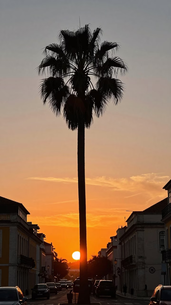 Golden Hour Sunset in Lisbon Portugal with Palm Tree Silhouette and Urban Street Life in in Lisbon, Portugal