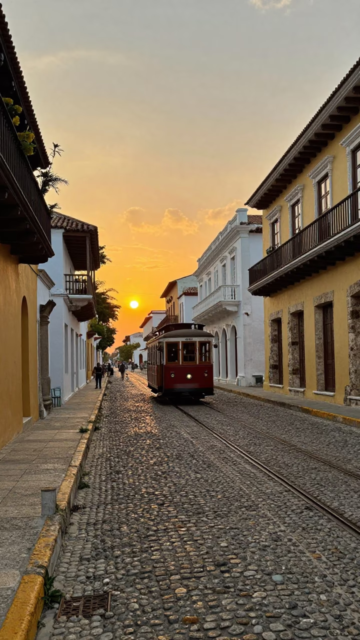 Golden Hour Sunset Light on Colonial Cartagena Cobblestones and Heritage Tram in in Cartagena, Colombia
